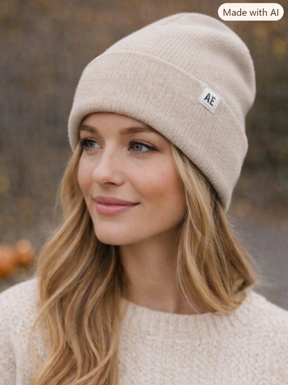 NWT American Eagle AE Beige Ribbed Knit Beanie Folded Cuff Logo Warm Winter Hat